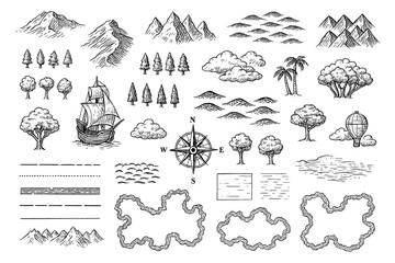 Vintage map elements set with mountains, trees, ships and compass in engraving style, Transparent Background © SenorPinky