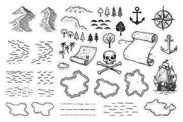 Vintage map elements set with mountains, trees, ships and compass in engraving style, Transparent Background © SenorPinky