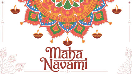 Naklejka premium maha navami mandala design with oil lamps, floral motifs and vibrant colors celebrating hindu festival of durga puja with spiritual warmth