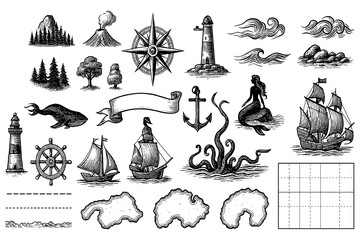 Vintage map elements set with mountains, trees, ships and compass in engraving style, Transparent Background