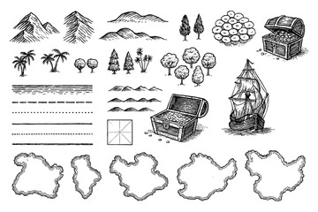 Vintage map elements set with mountains, trees, ships and compass in engraving style, Transparent Background