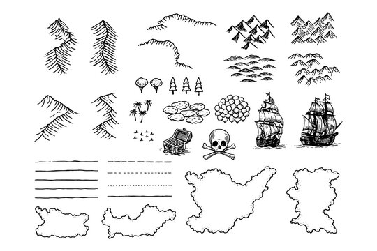 Vintage map elements set with mountains, trees, ships and compass in engraving style, Transparent Background