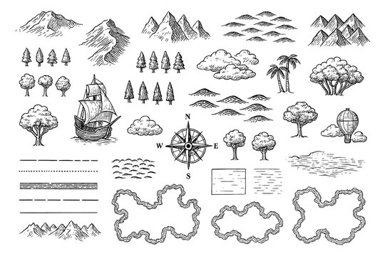 Vintage map elements set with mountains, trees, ships and compass in engraving style, Transparent Background