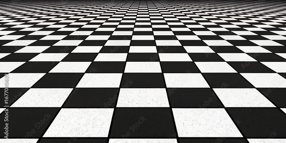 Poster abstract black and white checkered floor pattern receding into the distance with a strong sense of p