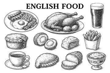 Traditional English food set with fish and chips, tea, pie, pudding and ale in vintage engraving style, Transparent Background