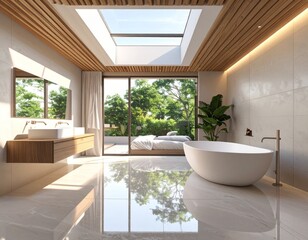 Contemporary open-plan bathroom connected to a master bedroom, large glass stretched above the bathtub, with wood slat ceiling