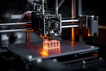Close-up of a 3D printer producing a glowing object, ideal for tech, innovation, or engineering visuals.