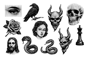 Obraz premium Gothic tattoo style collection with skulls, snakes, raven, devil faces and rose in dark engraving, Transparent Background