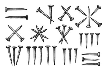 Vintage engraving set of iron nails in different arrangements, Transparent Background