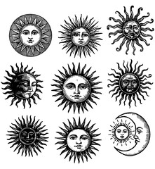 Collection of vintage sun faces with rays in mystical engraving style, Transparent Background