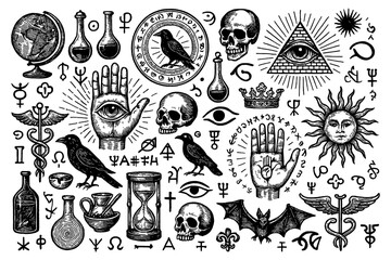 Occult mystic symbols with skulls, raven, all seeing eye, alchemy and witchcraft elements in vintage engraving style, Transparent Background