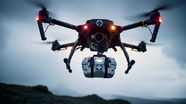 rescue drone with robotic arm carrying a glowing medical kit, descending fast toward a remote disaster zone under stormy skies.