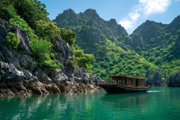 Fototapeta premium Scenic Boat Navigating Green Water in Mountainous Landscape with Rocky Cliffs and Dense Vegetation