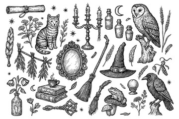 Mystical witchcraft objects with moon, cat, candles and occult symbols in vintage engraving style, Transparent Background © SenorPinky