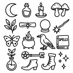 Mystical witchcraft objects with moon, cat, candles and occult symbols in vintage engraving style, Transparent Background