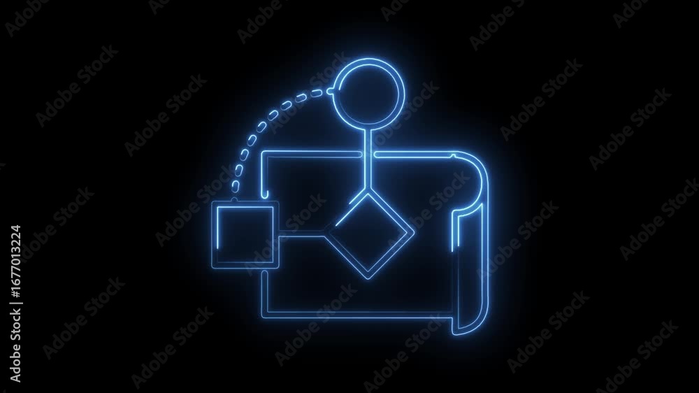 Poster abstract neon flowchart depicting decision making process with stick figure on black background