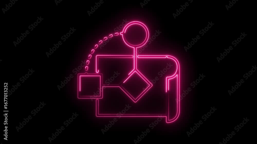 Poster neon flowchart diagram with man leads to file folder,business process concept