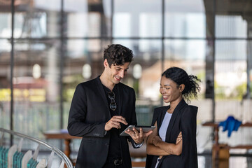 Young business officers in black jacket exchange ideas on business using tablet to provide data and information at a terrace outside of the building. Conversation of two coworkers in casual dress