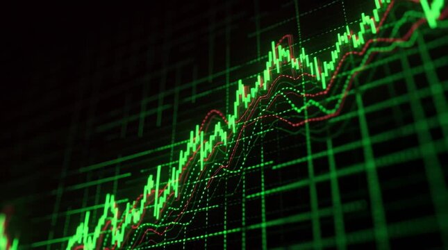 A close-up view of a green financial growth chart indicating rising stocks and profits.