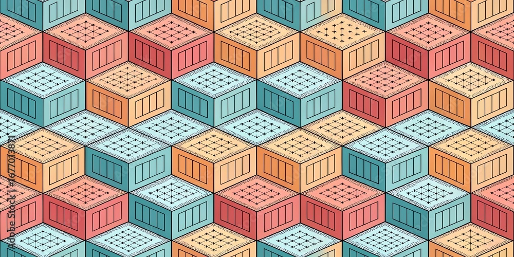Poster seamless pattern of colorful isometric cubes with a hand drawn sketch style and textured appearance