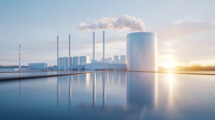 Obraz premium Futuristic renewable energy hub with biomass plant, carbon capture towers, and large storage tanks for CO2 management.
