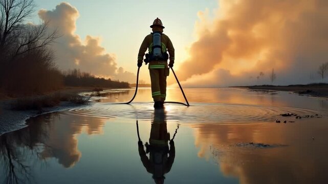 A reflective scene captures a firefighter heading into a dangerous firefighting mission, his image mirrored on the water's surface as he holds a fire hose, symbolizing bravery and readiness in the