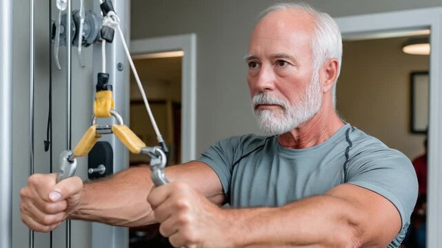Strength in Motion: A focused senior man demonstrates unwavering commitment to his well-being. He is immersed in a workout using advanced gym equipment. It encapsulates the embodiment of wellness.