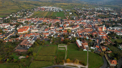 Aerial wide view around the city Langenlois  in Austria on a sunny autumn morning day