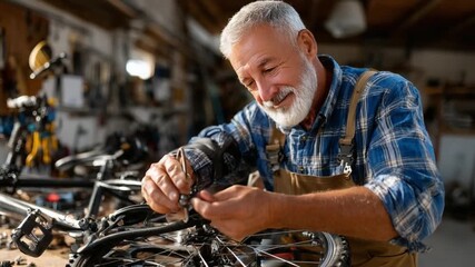 Craftsman at Work: A skilled artisan meticulously repairs a bicycle with precision and dedication, illuminated in a well-lit workshop.