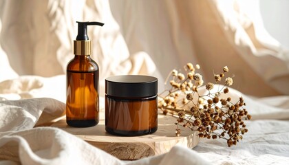 Amber glass bottles and jar with dried flowers on a wooden surface, against a draped fabric background.