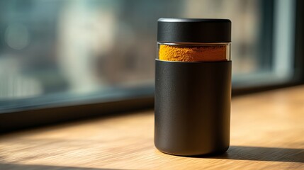 Fototapeta premium A sleek black container with an orange interior sits by a sunlit window, showcasing modern design aesthetics.
