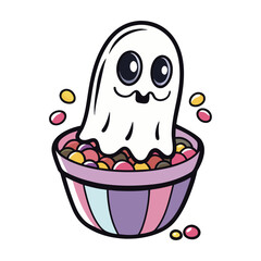Spooky ghost sitting in a magical floating candy cup vector illustration for Halloween decorations, kids party prints and merchandise