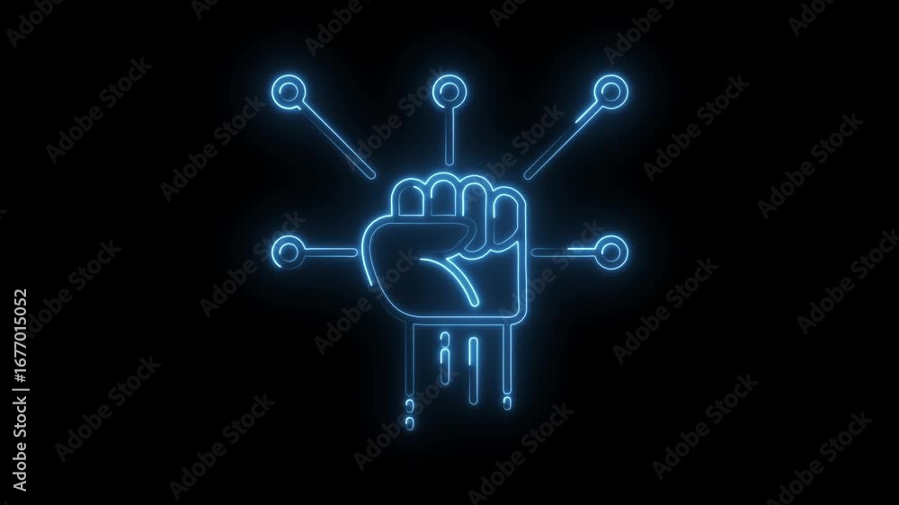Poster neon outline fist connected technology node on black background abstract animation