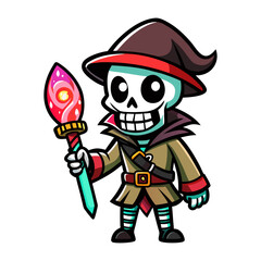 Spooky skeleton pirate holding glowing candy sword vector illustration for Halloween decorations, party prints, t-shirt design and digital art