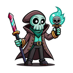 Spooky skeleton pirate holding glowing candy sword vector illustration for Halloween decorations, party prints, t-shirt design and digital art