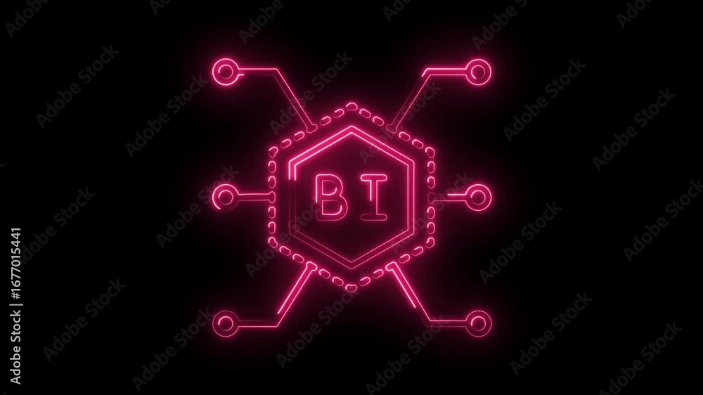 Poster Glowing neon business intelligence icon connecting to nodes on black background loop