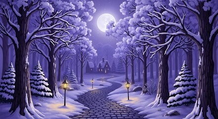 Snowy Forest Path at Night.