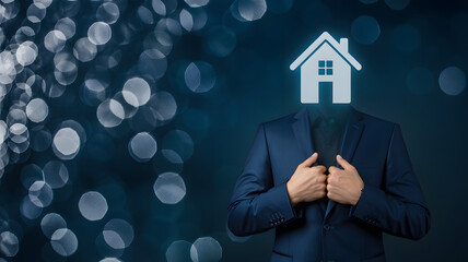 Man in suit with house head, representing real estate and property concepts