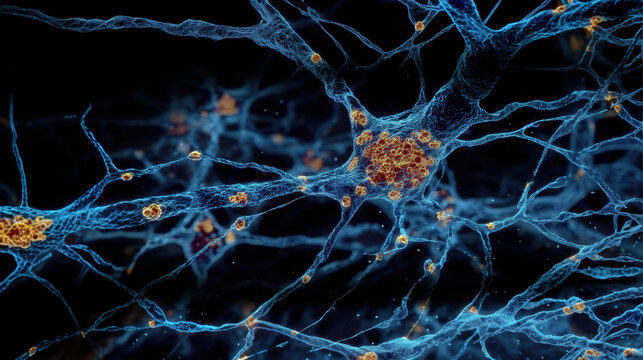 Neurons with dendrites affected by amyloid plaques in Alzheimer's disease.