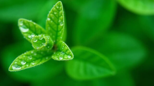 Organic mint with dew drops, rain drops on green plant. Closeup rotation. 4K UHD