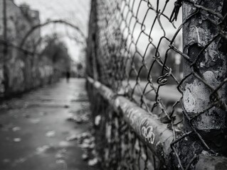 black and white urban pathway chain link fence bokeh city winter perspective