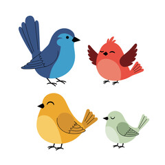 Obraz premium A collection of four adorable cartoon birds in different bright colors standing together in a playful manner
