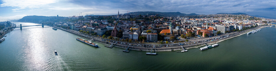 Naklejka premium Aerial view of the city Budapest in Hungary on a sunny day in autumn.