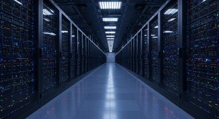 Illuminated Server Room Corridor with Rows of Data Racks