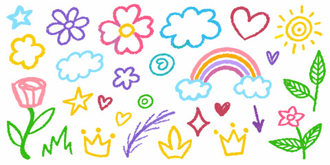 Collection of colorful hand drawn crayon illustrations of flowers clouds stars hearts sun rainbow and crowns on white background