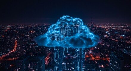 Digital Transformation Glowing Cloud Computing Network over Cityscape