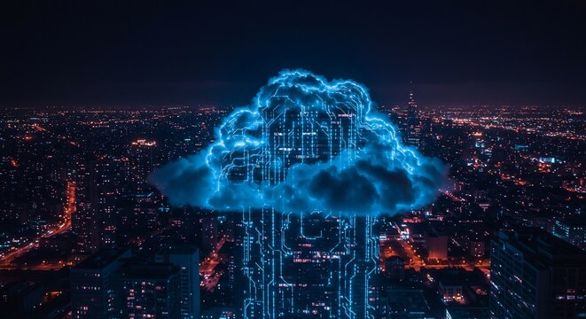 Digital Transformation Glowing Cloud Computing Network over Cityscape