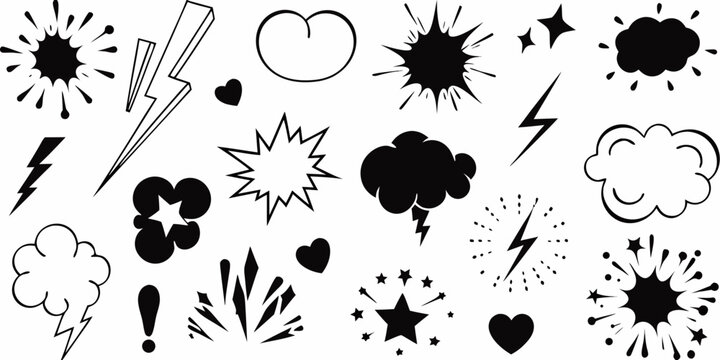 Collection of comic book style graphic elements including explosions lightning bolts speech bubbles and hearts