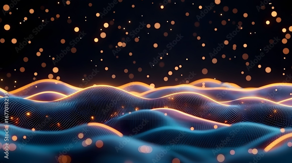 Poster the image shows an abstract representation of wavy terrain in shades of blue and lined with orange, 