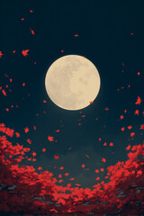 단풍잎과 보름달 밤풍경